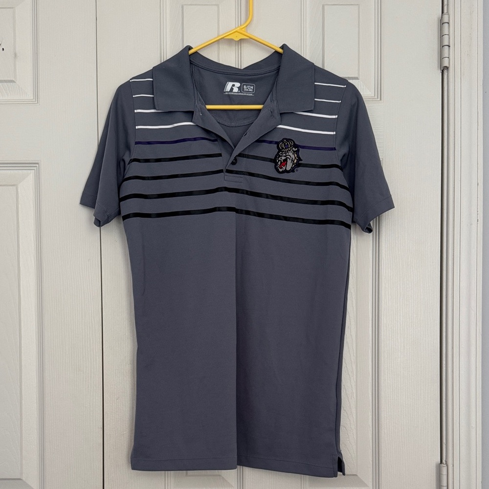 Russell Athletic Men's Polo Shirt in Gray and Black Stripes JMU Bulldog logo